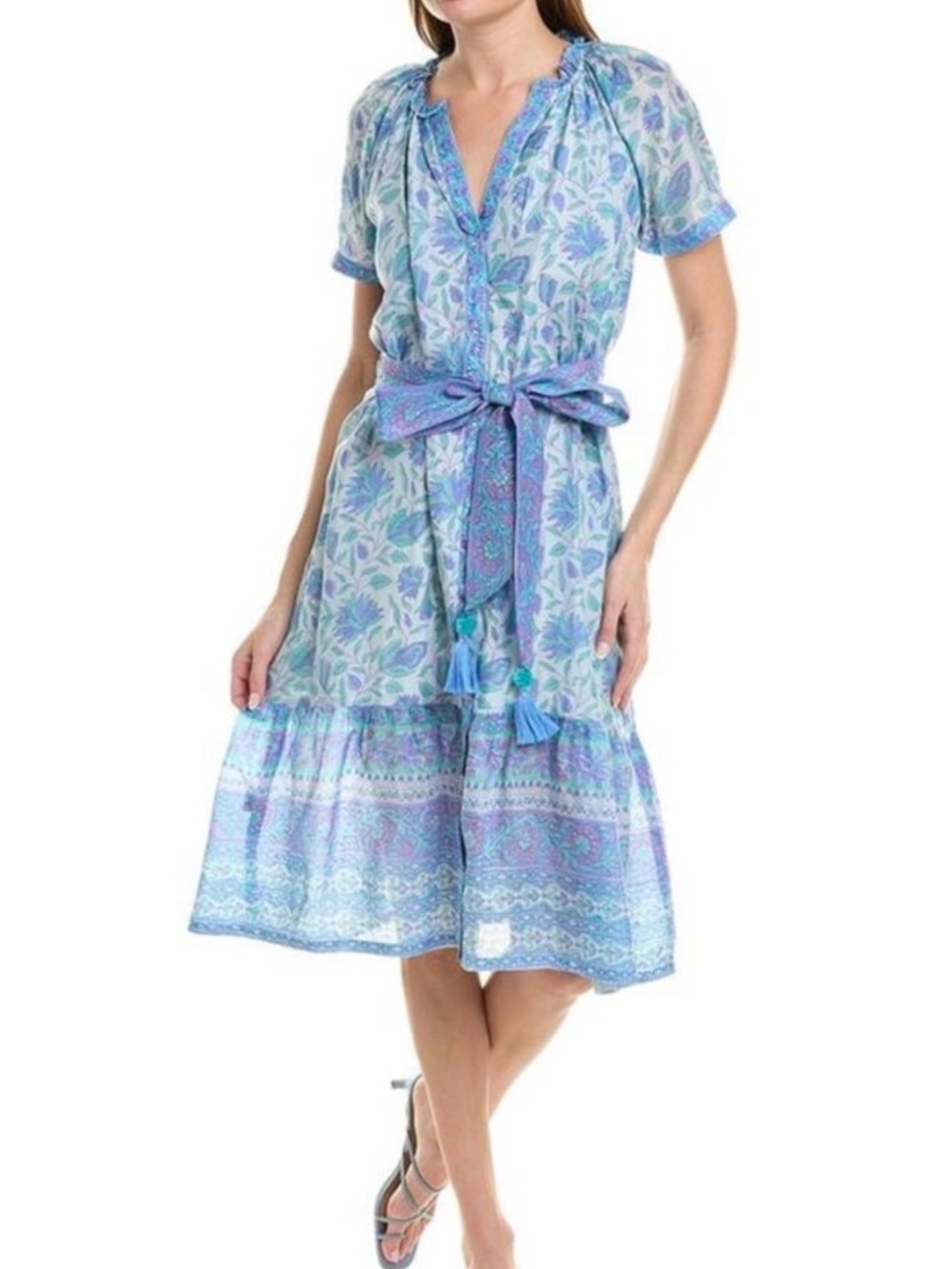 Bella Tu Shirtdress block print ruffle blue purple Sz LG no belt - Picture 6 of 6